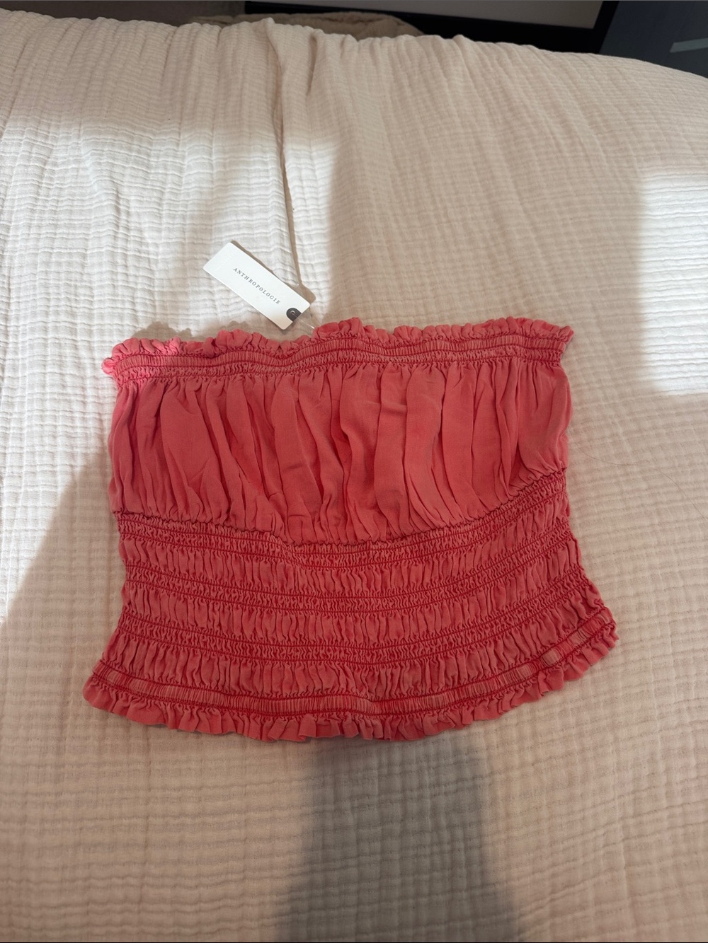 Anthropologie Coral Pink Smocked Strapless Crop Top